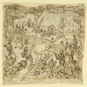 Drawing, Sketchbook Page with Rabbit Hunt, ca. 1590