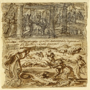 Drawing, Sketchbook Page with Marriage Scene and Dragon, ca. 1590