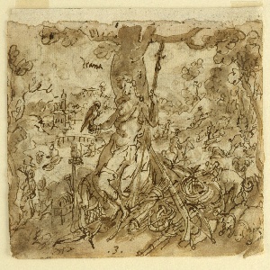 Drawing, Sketchbook page: Pearl Fishing; recto,  Diana, ca. 1590