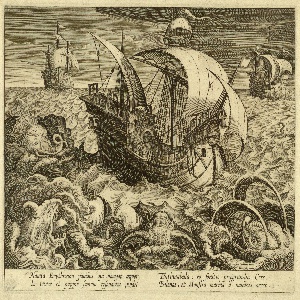 Print, Three ships surrounded by monsters, ca. 1590
