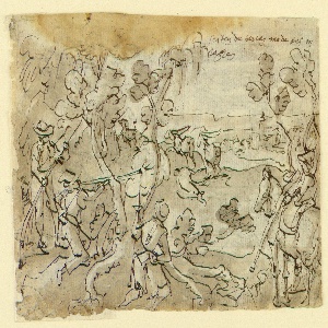 Drawing, Sketchbook Page with Antelope Hunt, ca. 1590