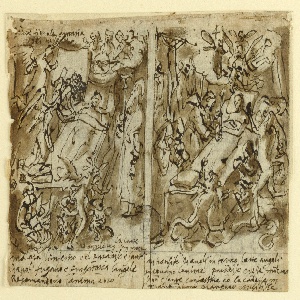 Drawing, Page of a sketchbook; Heavenly powers helping pious; Sketch for potrait of saint; Decoration of pediment, ca. 1590
