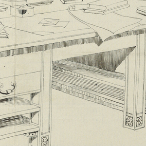 Drawing, Design for Massive Library Storage Table with Two Open Stretcher Shelves on Either Side, 1900–05