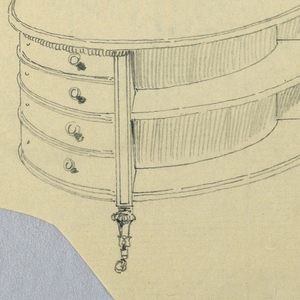 Drawing, Design for Kidney-Shaped Writing Table with Book Shelves at Back, 1900–05
