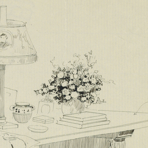 Drawing, Design for Large Library Table with Solid Scrolled Sides and Books, Lamp, Flowers, etc. on Top, 1900–05