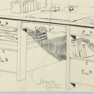 Drawing, Design for Library Table #34181 with Books Filling Stretcher Shelves, 1900–05