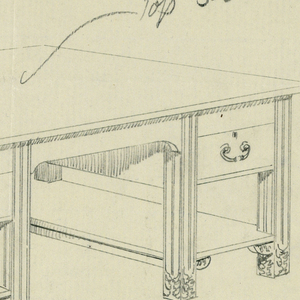 Drawing, Design for Library Table "C" with Slightly Arched Cut-Out at Center and Two Stretcher Shelves, 1900–05