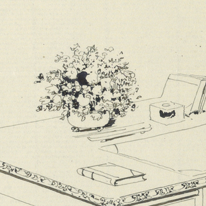 Drawing, Design for Library Table with Carved Cushion Feet and Vase of Flowers, etc. Atop, 1900–05