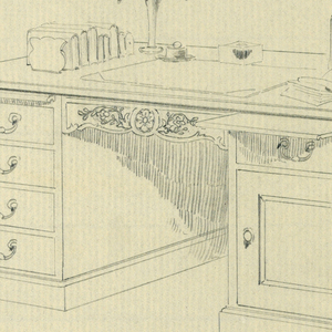 Drawing, Design for Massive Library Table with Carved Floral Roundel Center Front and Pulled-Out Shelf, 1900–05