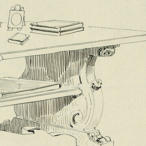 Drawing, Design for Library Table with Elaborate, Carved, Solid Sides and Large Book on Stretcher Shelf, 1900–05