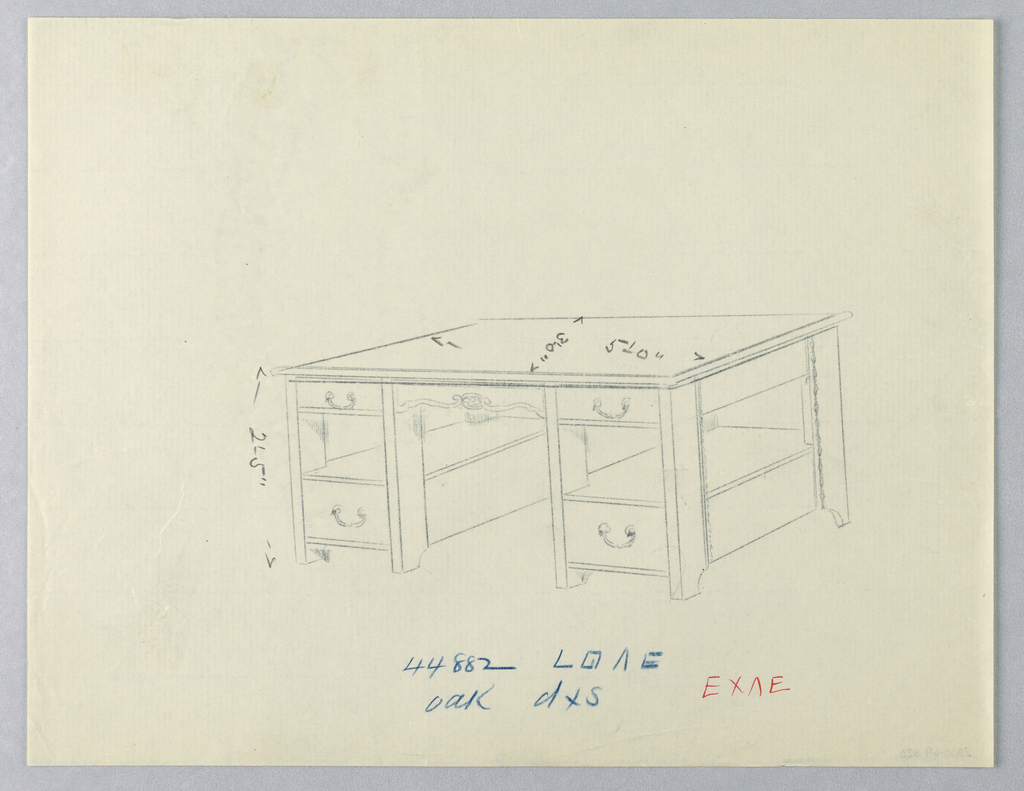 Drawing, Design for Massive Library Table with Open Shelves at Sides