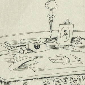 Drawing, Design for Semi-Circular Writing Table #1, with Initial "W" Carved on Center Drawer, 1900–05