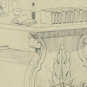 Drawing, Design for Rectangular Library Table with Solid Carved Sides and Picture Frames, Lamp, Books, etc. Atop, 1900–05