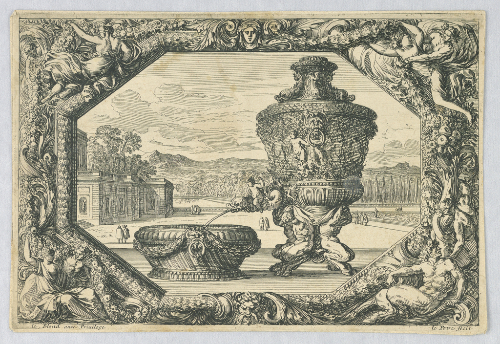 Print, An Urn and Bowl in Eschutcheon, from "Fontaines, Cuvettes et Cartouches"