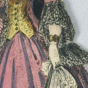 Print, Paper Doll Costume in Pink with Black Lace and Yellow Bodice, 1876–80