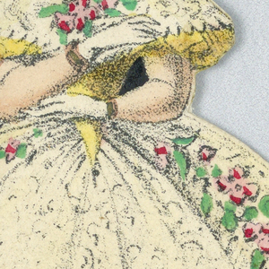 Print, Paper Doll Costume in Yellow with White Lace and Pink Rose Garlands, 1876–80