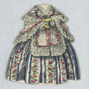 Print, Paper Doll Costume with Floral and Blue Vertical Stripes, 1876–80