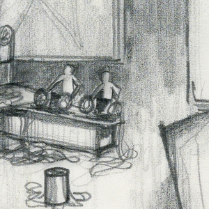Drawing, Stage Design: Act III, Scene 1, Cutting Room, for Merton of the Movies, 1968
