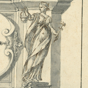 Drawing, Wall Drawing with Cartouche and Two Angels Supporting Entablature, 16th–19th century