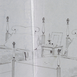 Drawing, Design for Twin Beds with Pinecone Finials