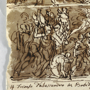 Drawing, Sketchbook Page: Birth of Alexander the Great; Battle of Alexander and Darius; Triumph of Alexander, ca. 1812