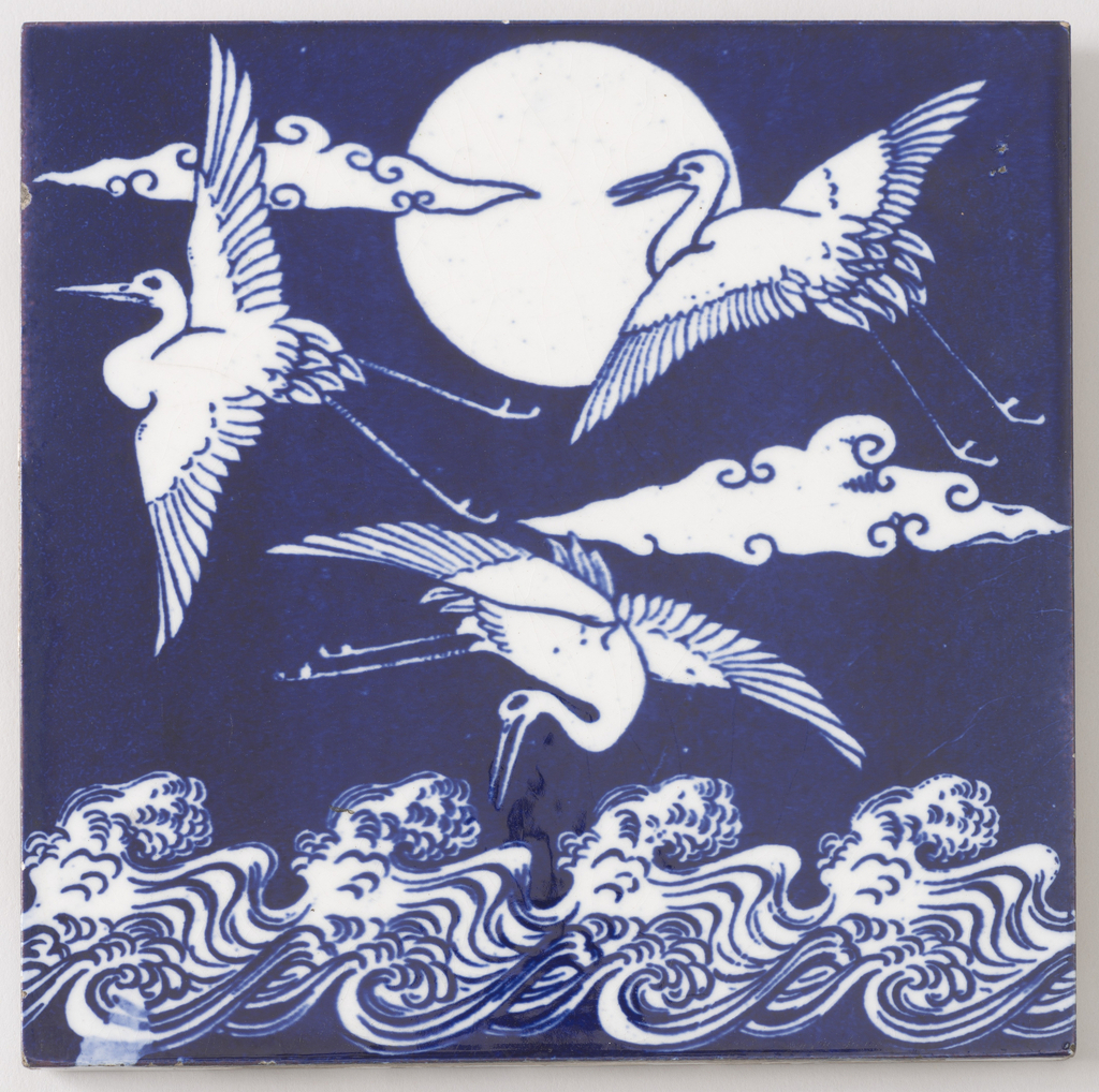 Japanese Cranes Over Waves Tile