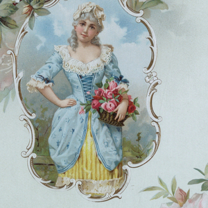 Chromolithograph Print, Young woman holding a basket of roses, 1880–1910