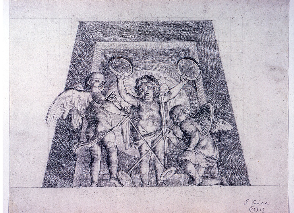 Drawing, Three Putti with Tambourines and Trumpets, Design for Lunette of the Sala delle Muse, Museo Pio-Clementino, Vatican