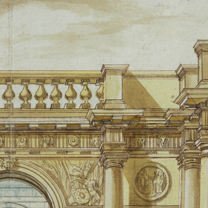 Drawing, Stage Design: Walled Courtyard with View of a Garden, 1699–1700