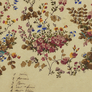 Drawing, Design for Textile with All-over Small Floral Pattern and Color Block Notations