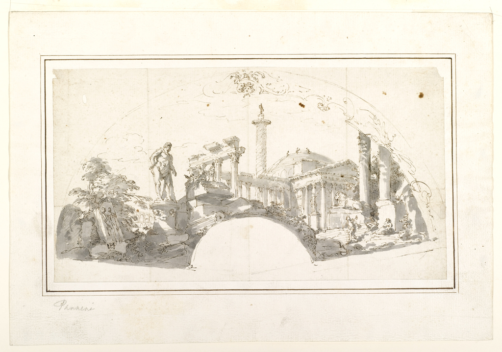 Drawing, Design for a Fan: Capriccio with Roman Ruins and the Farnese Hercules