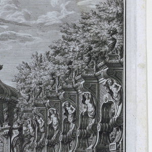 Print, Stage Design: Garden Scene with a Fountain, Part V, Plate 8, "Architettura e Prospettive," Augsburg, 1740–44