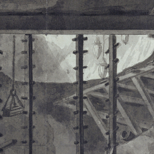 Drawing, Stage Design, Men Constructing Building in Cave, early 19th century