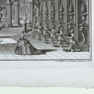 Print, Stage Design: Garden Scene with Fountain, plate 8, part 5, from "Architetture e Prospettive dedicate alla Maestà di Carlo Sesto", 1740–44