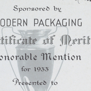Ephemera, All America Twelve Package Competition Certificate, 1933