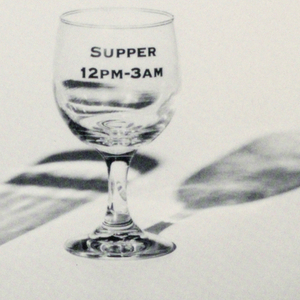 Postcard, Restaurant Florent:  Coffee cup, water glass, wineglass, 1986