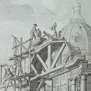 Drawing, Workmen building arcades, ca. 1740