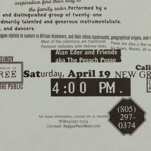 Annoucement, Reggae Passover - Aland Eder and Friends, April 19