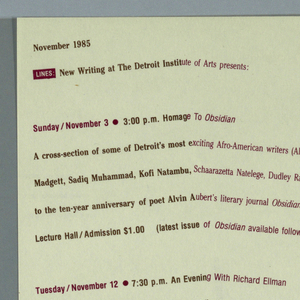 Announcement, Lines: New Writing at the Detroit Institute of Arts, 1985