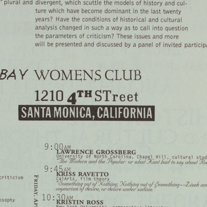 Annoucement, Historical and Cultural Theory Conference, Santa Monica Boy Woman