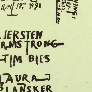 Announcement, New Works: Kiersten Armstrong, Tim Bies, Laura Plansker, 1991
