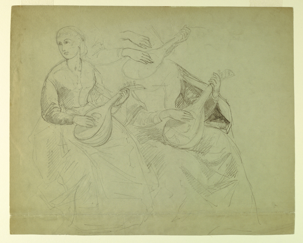 Drawing, Sketches of a Woman with a Lute, Study for "Titian Showing the Entombment to Charles V and Clement VII"