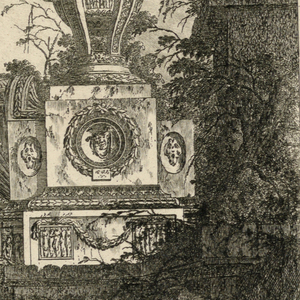 Print, Vase monumental reposant sur un socle géométrique orné de trois visages grotesques, 1768, published 1770
