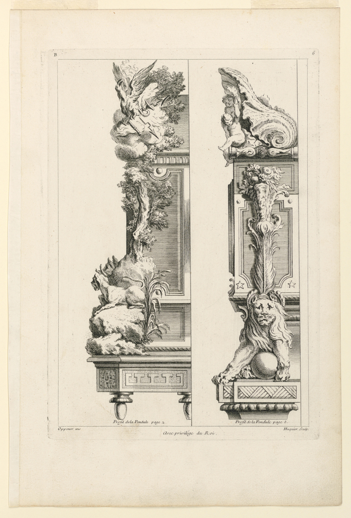 Print, Page Six from "Second Licre Contenant Differens Desseins de Pendules Inventés par G. M. Oppenort Architecte du Roi et Gravés par Huquier"