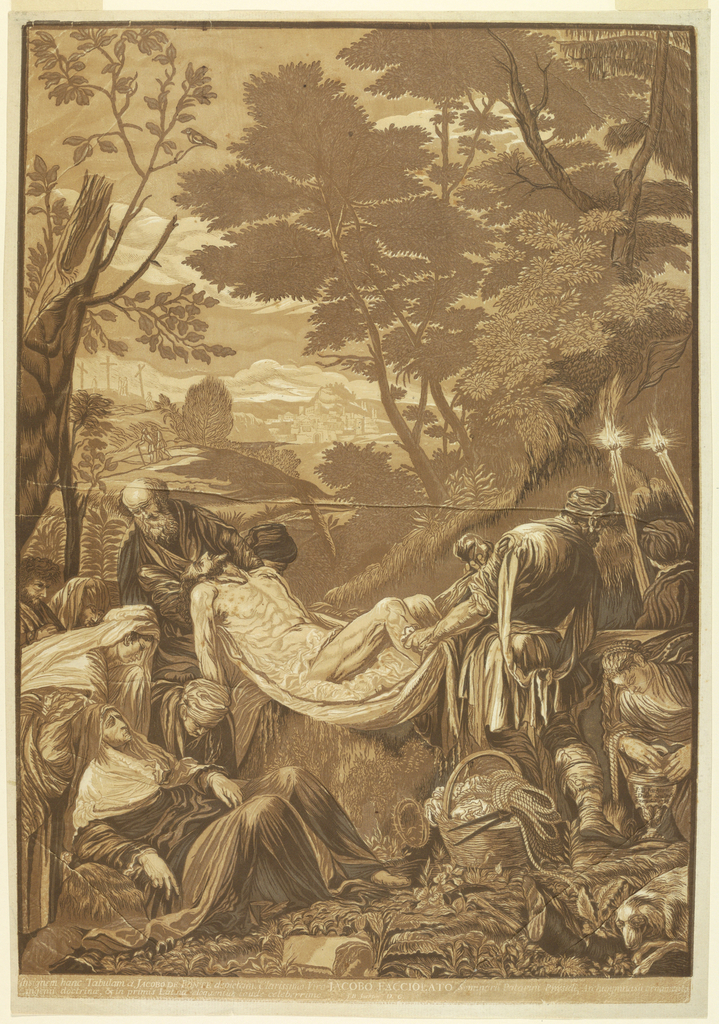 A landscape scene where there are two men carrying a lifeless body toward a tomb. Next to the man on the right side can be seen a basket which contains rope. Upon closer view, the body that is being carried is of Jesus Christ. The three figures are surrounded by several onlookers who are either laying on the ground or standing. There is also a dog in the lower right corner with its head down on its legs. All the outlookers have expressions of sadness and mourning. In the background, there are several trees. In the top left hand corner, can be seen three crosses on top of a hill. This is where Jesus Christ was crucifed. Panning to the right of the hill can be seen a town with its buildings. This town can be understood as being the city of Jerusalem. Behind the city can be seen a large mountain. At the bottom of the print can be seen the artist name which is Jacobo Eacciulato and several Latin Inscriptions.