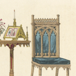Print, Designs for Two Chairs, Table, and Hassock in Gothic Style