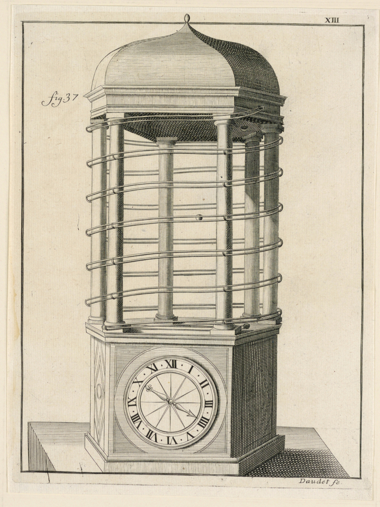 Print, Design For a Clock, pl. XIII from "Recueil d'Ouvrages Curieux de Mathematique et de Mecanique, ou Description du Cabinet"