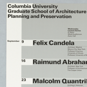 Poster, "Fall 1987" poster for Columbia School of Architecture lecture series, ca. 1987