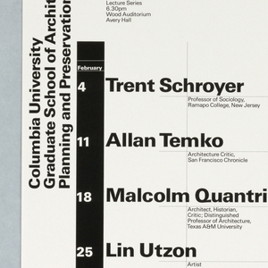 Poster, "Spring 1987" poster for Columbia School of Architecture lecture series, ca. 1987