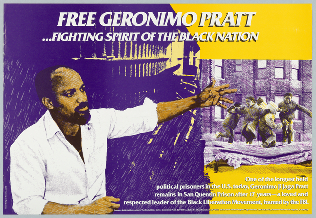 In white above: FREE GERONIMO PRATT/...FIGHTING SPIRIT OF THE BLACK NATION: lower right: one of the longest held political prisoners in the U.S. today...[4 lines of text]. Color photograph of a bearded man gesturing with hand at group of children playing.